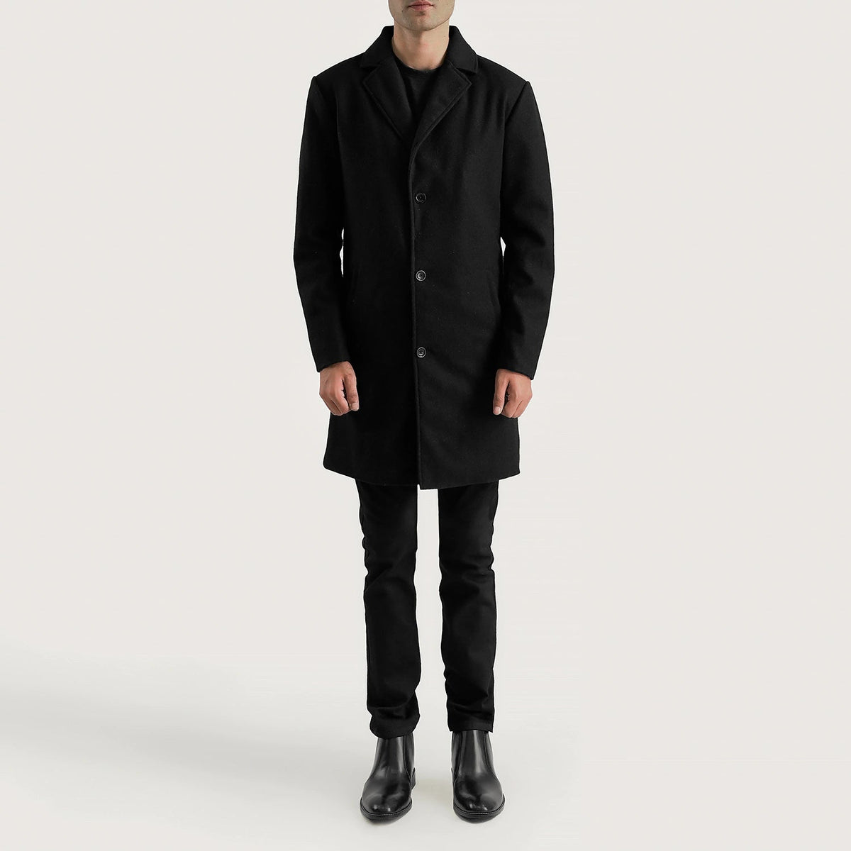 Petrillo Negro Wool Single Breasted Abrigo de Cuero para Hombre - Vista de perfil lateral con corte ergonómico de manga