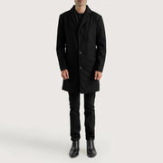 Petrillo Negro Wool Single Breasted Abrigo de Cuero para Hombre - Vista de perfil lateral con corte ergonómico de manga