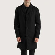 Detalle de cerca of Notch &amp; Button Hardware on Petrillo Negro Wool Single Breasted Abrigo de Cuero para Hombre