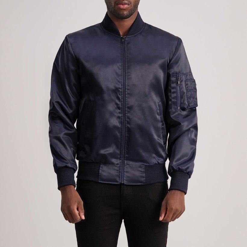 Quinton MA-1 Blue Bomber Jacket in Blue Satin - Front Profile View & Tailored Silhouette | Buy Online