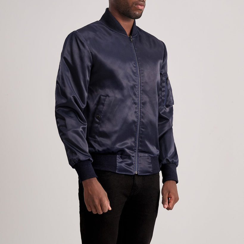 Blue Satin Bomber Jacket - Back View Showing Tailored Shoulder Fit & Clean Hemline