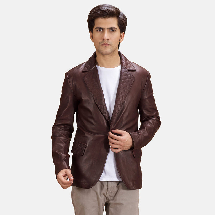 Radaron Acolchado Granate Blazer de Cuero de Cuero para Hombre