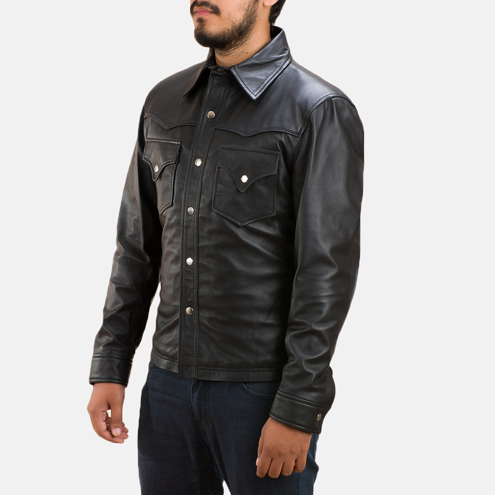 Men's Ranchson Negro Leather Shirt para Hombre - Vista de perfil lateral con corte ergonómico de manga