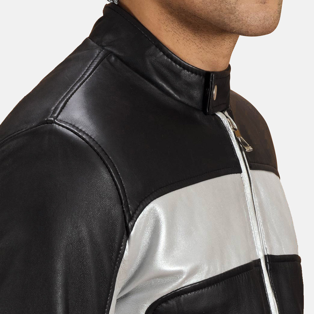 Randolf Silver Negro Chaqueta Biker de Cuero para Hombre - Vista de perfil lateral con corte ergonómico de manga