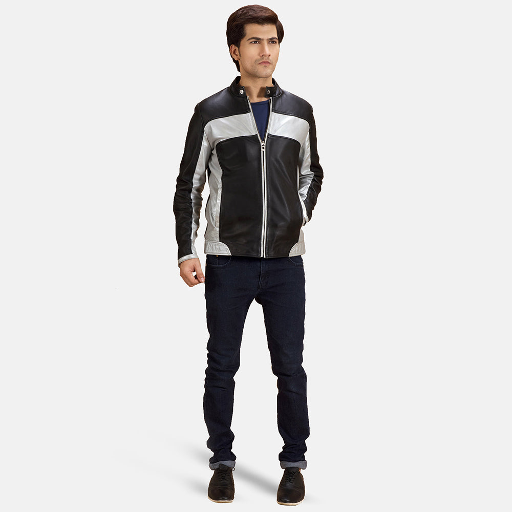Detalle de cerca of Band with snap button &amp; Zipper Hardware on Randolf Silver Negro Chaqueta Biker de Cuero para Hombre
