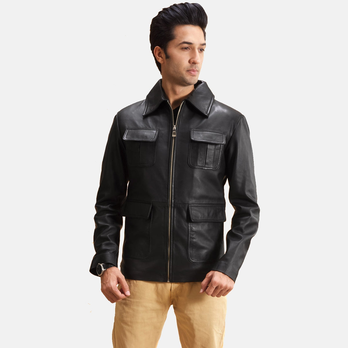 Raven Negro Chaqueta de Cuero para Hombre in Black Sheepskin Leather - Vista frontal y silueta a medida | Comprar online