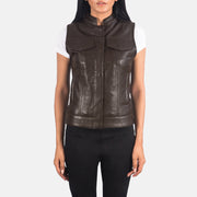 
Vista de detalle of Band & Zipper with Button Flap Hardware on Rayne Moto Marrón Chaleco de Cuero para Mujer