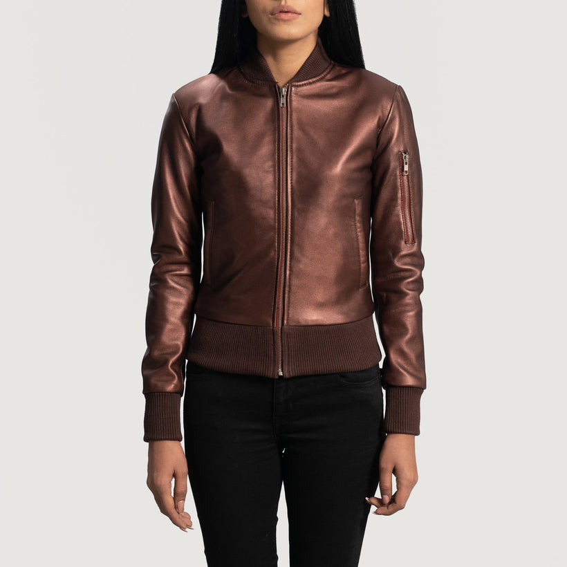 Reida Granate Chaqueta Bomber de Cuero para Mujer