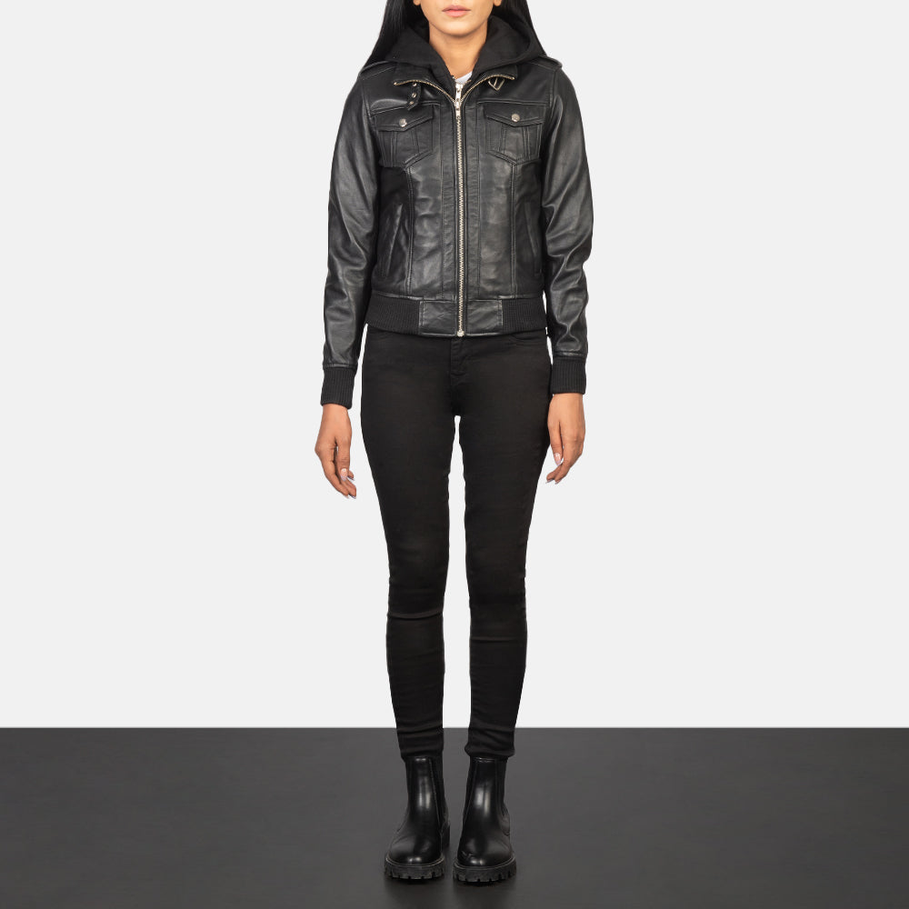 
Roslyn Hooded Chaqueta Bomber de Cuero para Mujer – alternate product view 3