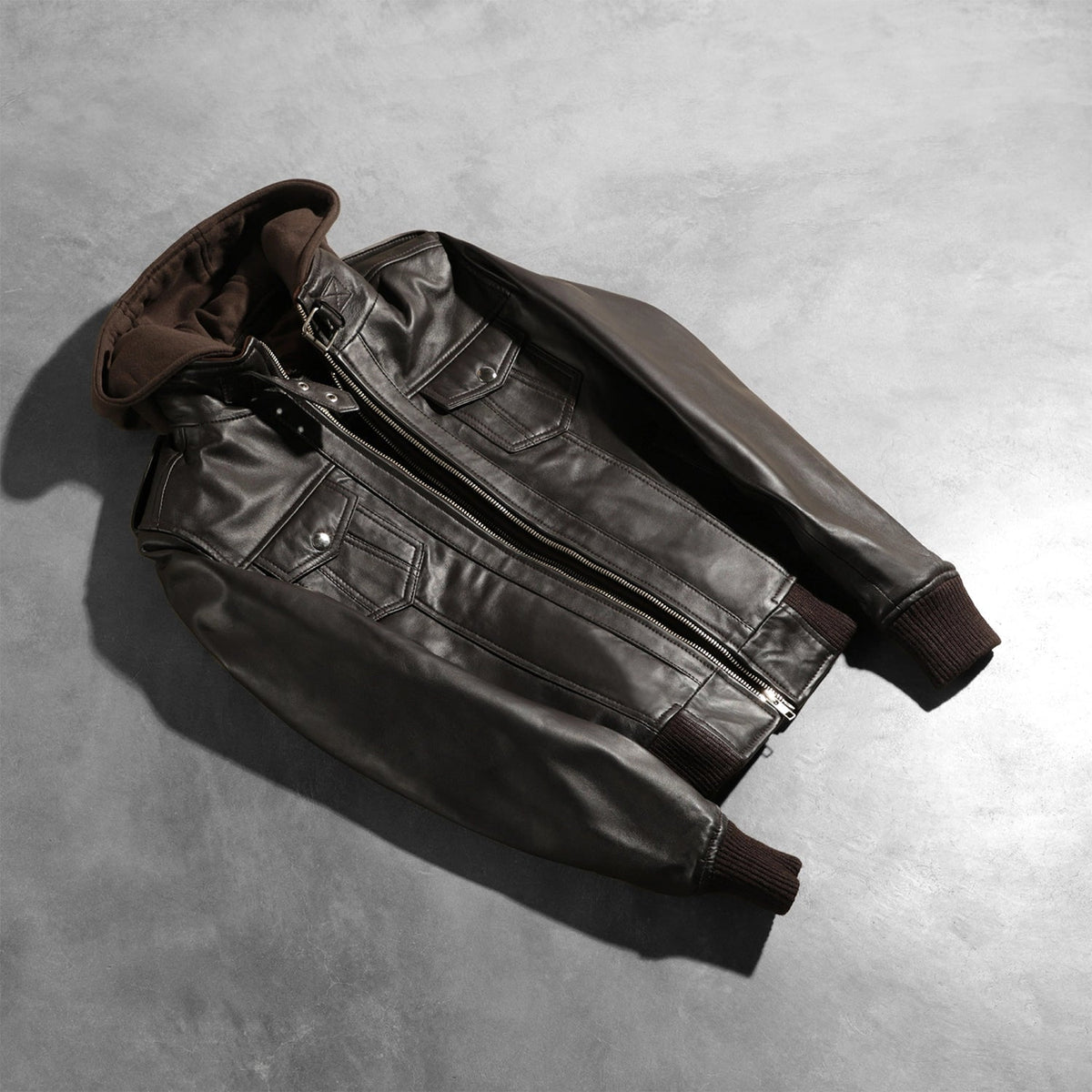 
Rib Knit & Hem Craftsmanship Construction Detail on Roslyn Brown Hooded Leather Bomber Jacket