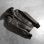 
Rib Knit & Hem Craftsmanship Construction Detail on Roslyn Brown Hooded Leather Bomber Jacket