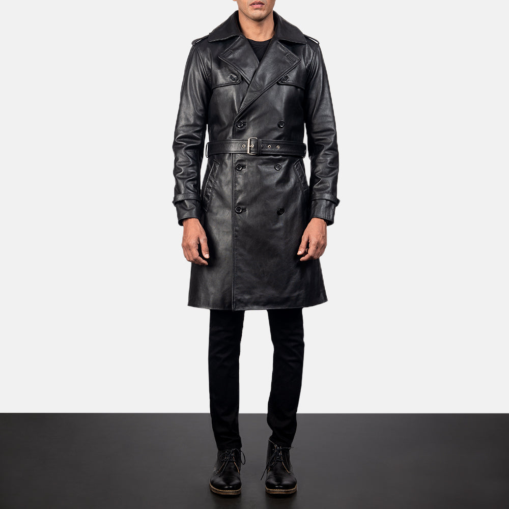 Men's Royson Negro Leather Duster Abrigo de Cuero para Hombre in Black Cowhide Leather - Vista frontal y silueta a medida | Comprar online