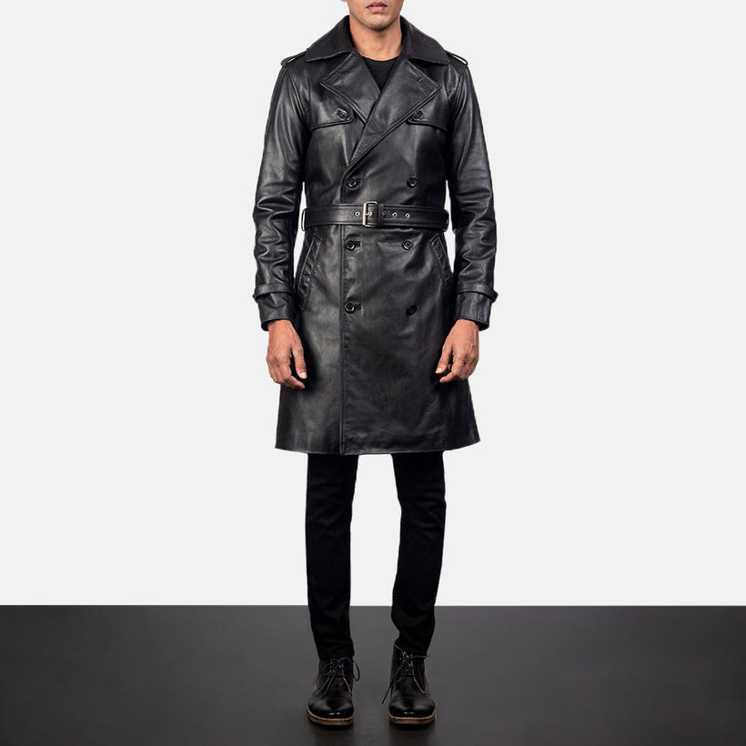 Royson Negro Leather Duster Abrigo de Cuero para Hombre