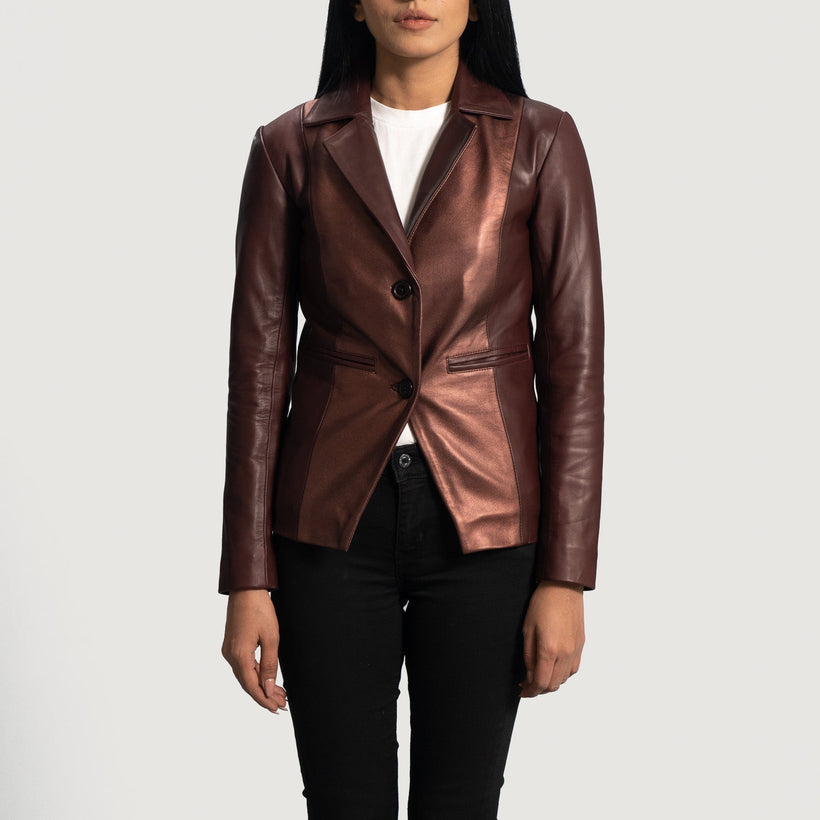 Ruby Metallic Granate Blazer de Cuero de Cuero para Mujer