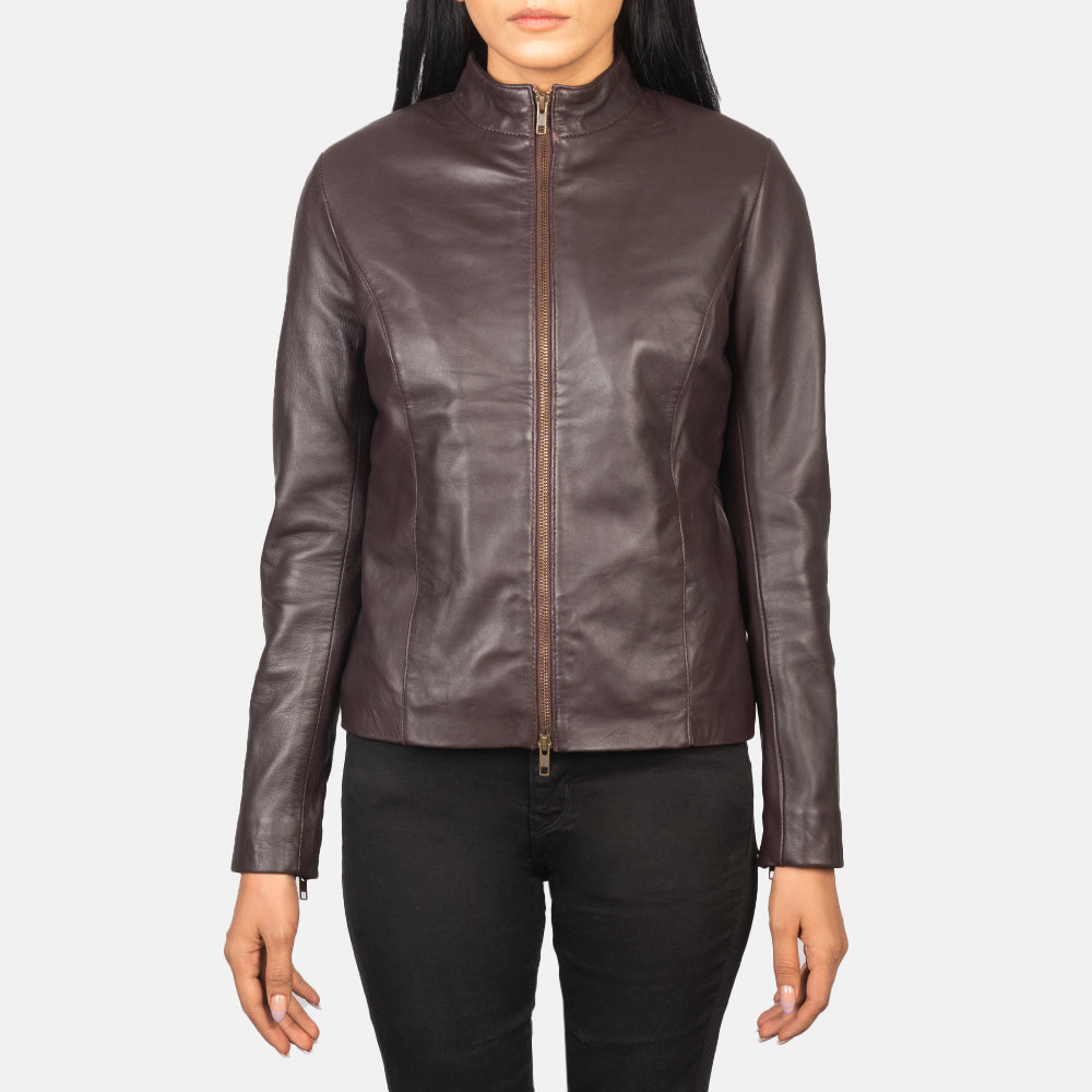 
Vista de detalle of Mandarin & Zipper with Dual Puller Hardware on Rumella Maroon Leather Biker Jacket
