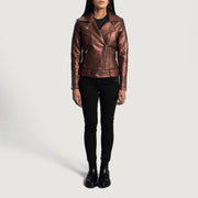 Detalle de cerca of Notch &amp; Zipper Hardware on Women's Rumy Maroon Leather Biker Jacket
