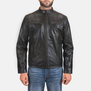 Rustic Black Leather Biker Jacket in Distressed Black Cowhide Leather - Vista frontal y silueta a medida | Comprar online