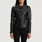 Women's Sally Mae Studded Negro Chaqueta Biker de Cuero para Mujer in Black Sheepskin Leather - Vista frontal y silueta a medida | Comprar online