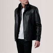 Sean Negro Leather Classic Chaqueta de Cuero para Hombre For Men in Black Sheepskin Leather - Vista frontal y silueta a medida | Comprar online