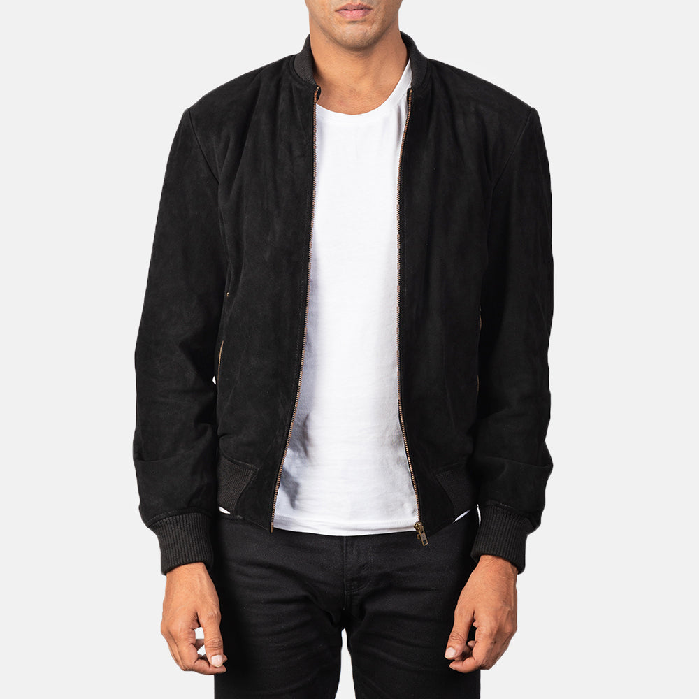 Men's Shane Negro Suede Cazadora Bomber de Cuero para Hombre in Black Goatskin Suede - Vista frontal y silueta a medida | Comprar online