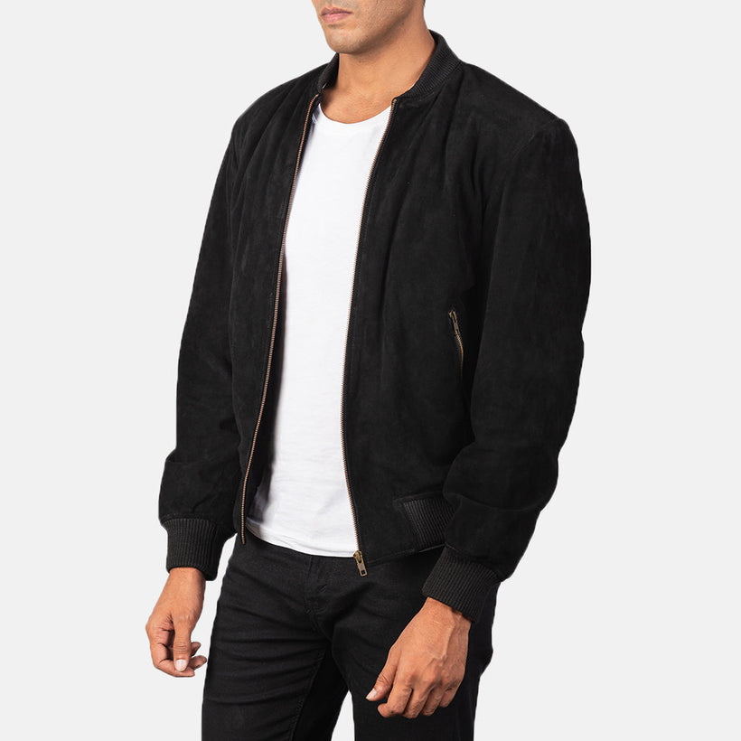 Shane Negro Suede Chaqueta Bomber de Cuero para Hombre