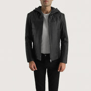 Men's Spratt Negro Hooded Chaqueta de Cuero para Hombre in Black Goatskin Leather - Vista frontal y silueta a medida | Comprar online