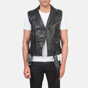 Men's Sullivan Negro Leather Biker Vest para Hombre in Black Cowhide Leather - Vista frontal y silueta a medida | Comprar online