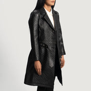 Black Sheepskin Leather Trench Coat - Back View Showing Tailored Shoulder Fit & Clean Hemline