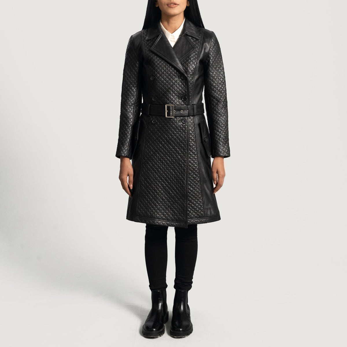 Women's Sweet Susan Black Leather Trench Coat - Lateral Side Profile View Showing Sleeve Cut & Athletic Taper Fit
