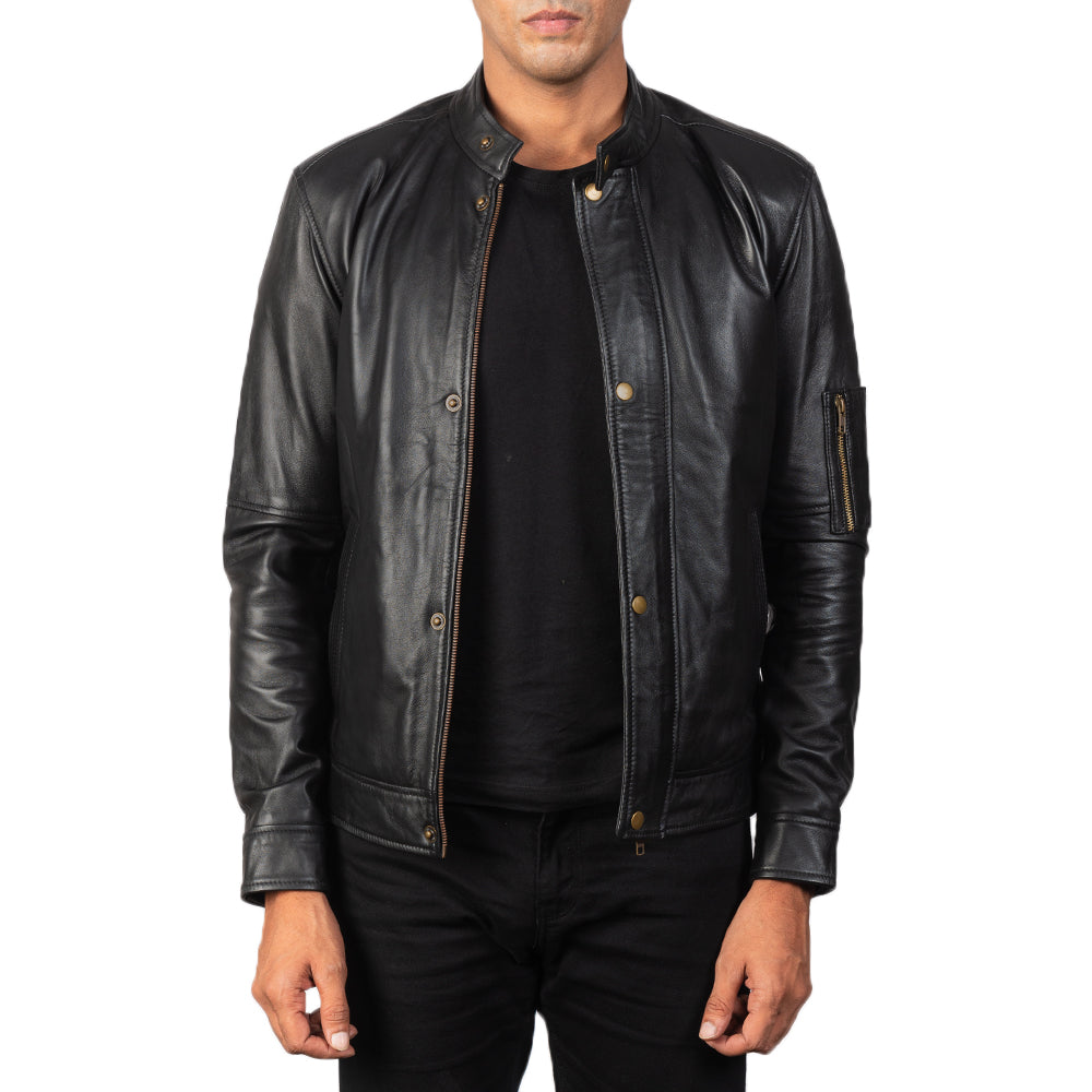 Men's Tea House Negro Chaqueta Biker de Cuero para Hombre in Black Sheepskin Leather - Vista frontal y silueta a medida | Comprar online