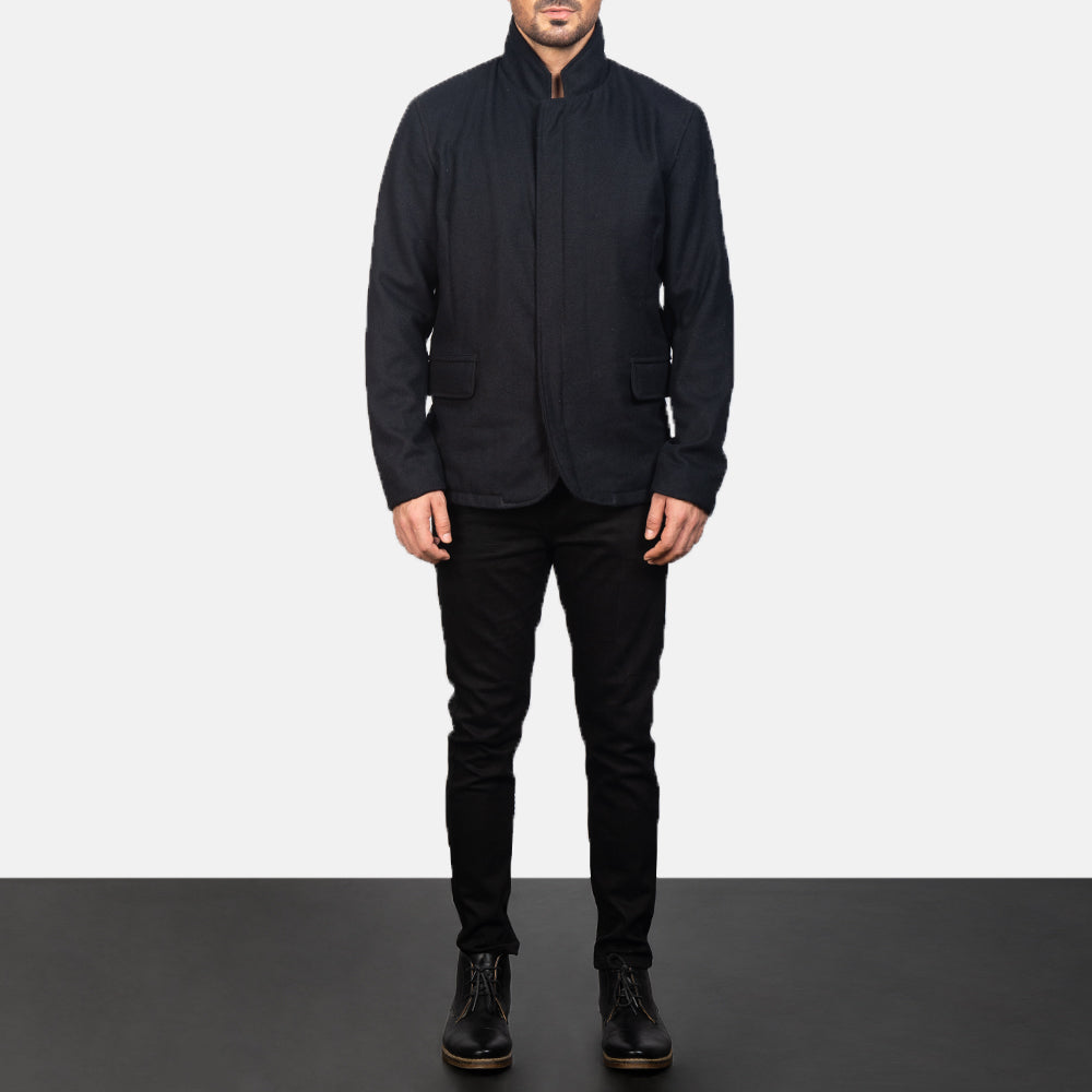 Men's Thomas Negro Wool Chaqueta de Cuero para Hombre - Vista de perfil lateral con corte ergonómico de manga