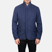 Detalle de cerca of Nehru &amp; Zipper with Dual Puller Hardware on Men's Thomas Azul Wool Chaqueta de Cuero para Hombre