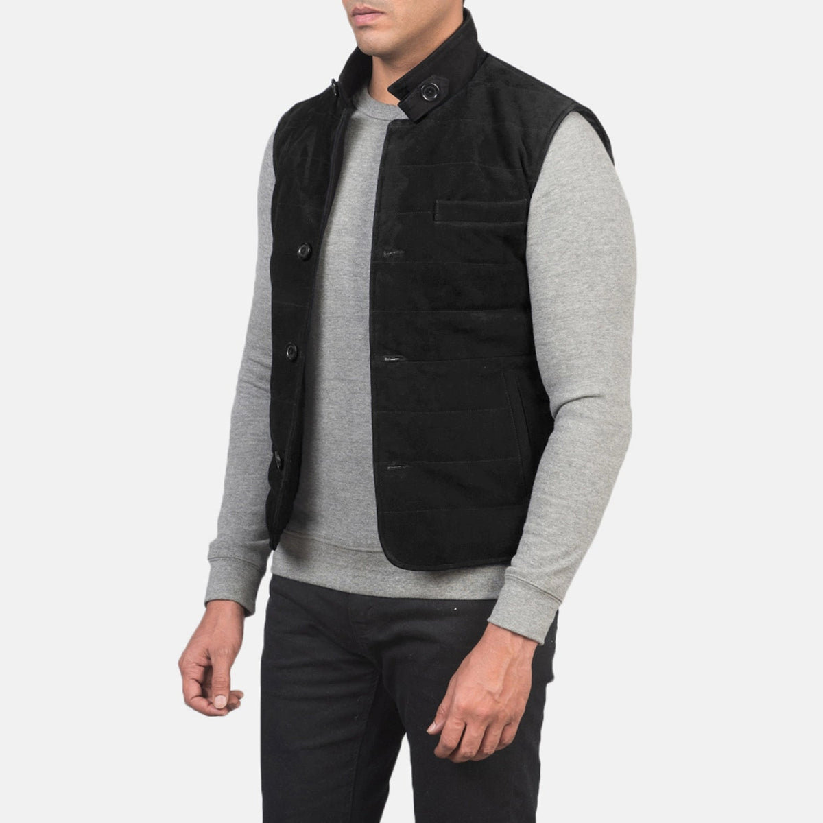Black Goatskin Suede Leather Vest - Vista trasera con ajuste entallado en hombros y bajo impecable