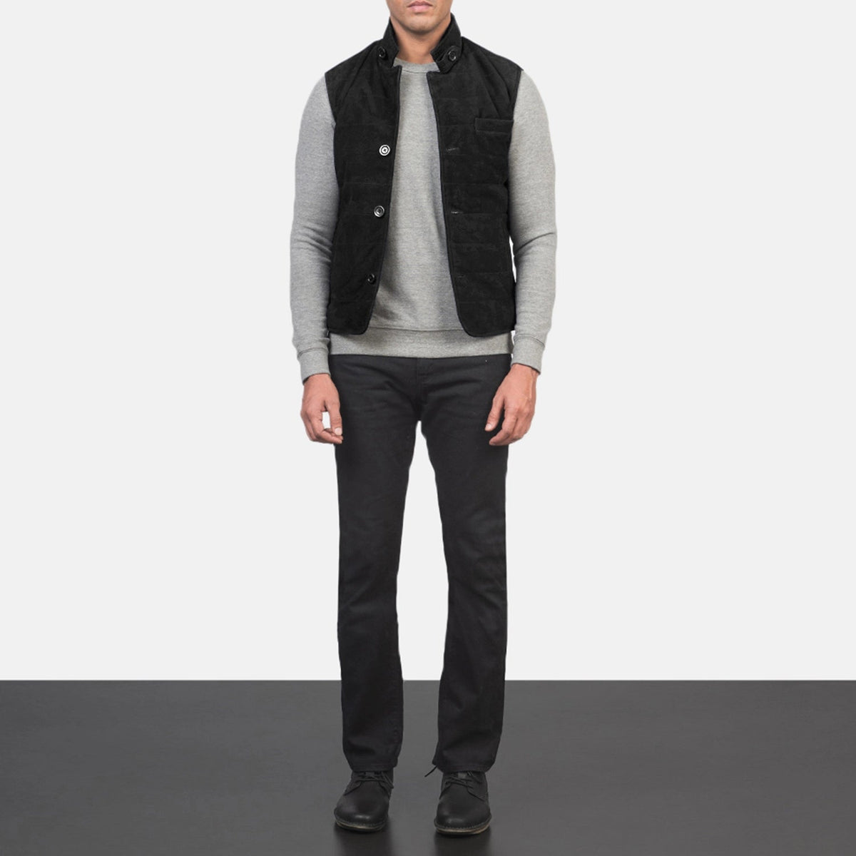 Men's Tony Negro Suede Vest para Hombre - Vista de perfil lateral con corte ergonómico de manga
