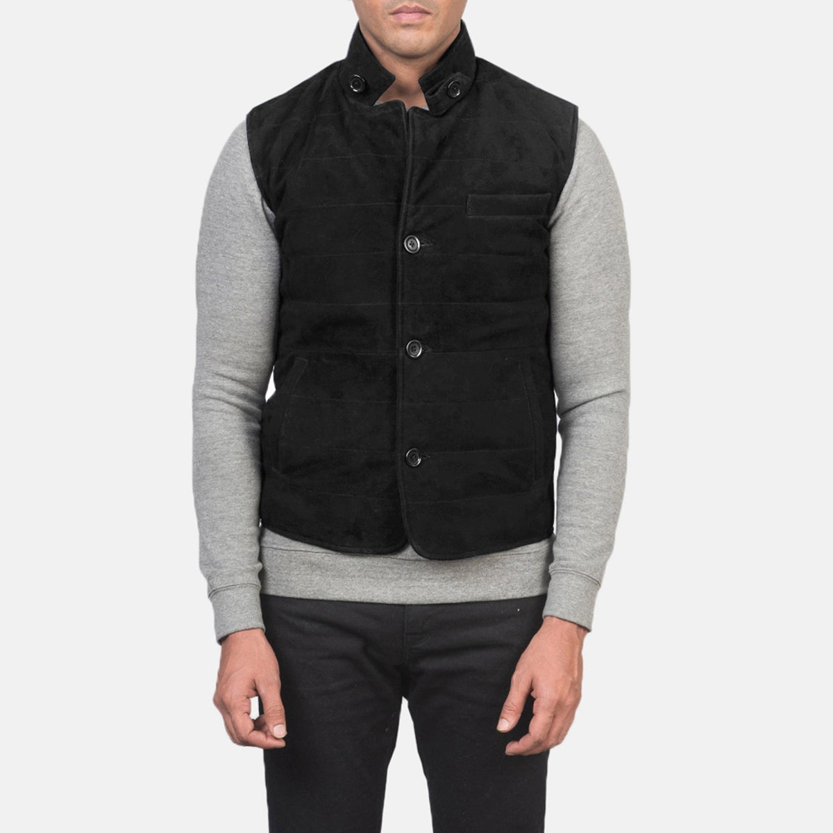 Detalle de cerca of Notch with removable throat latch &amp; Button Hardware on Men's Tony Negro Suede Vest para Hombre