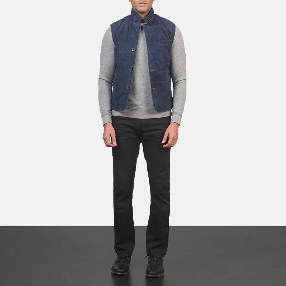 
Tony Azul Suede Vest para Hombre - Vista lateral mostrando el corte ergonómico de mangas