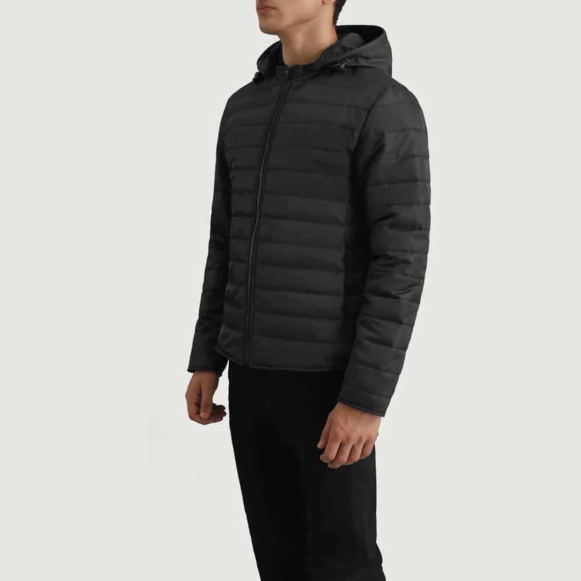Tyler Negro Hooded Puffer Chaqueta de Cuero para Hombre