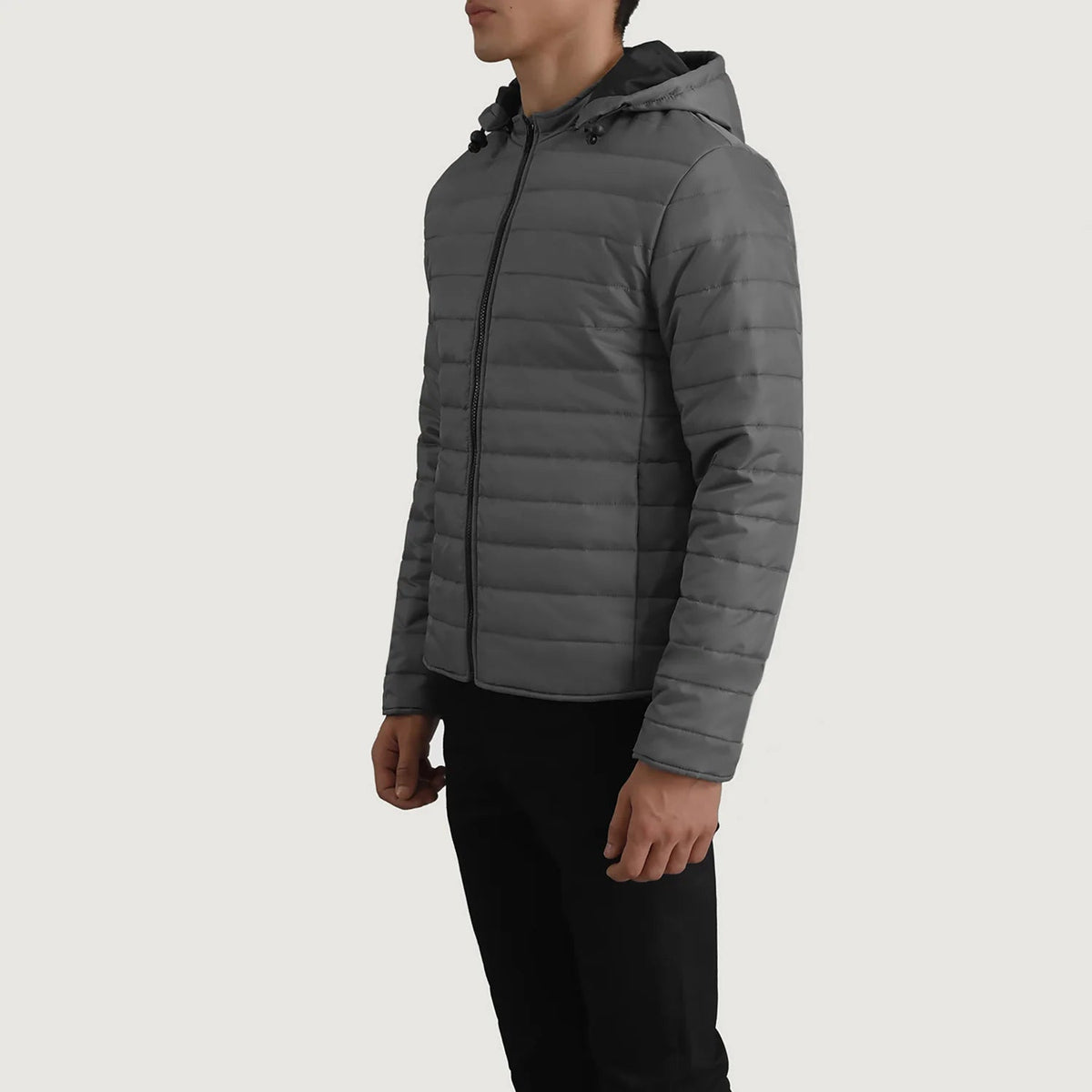 Grey Full-Grain Leather Hooded Jacket - Vista trasera con ajuste entallado en hombros y bajo impecable