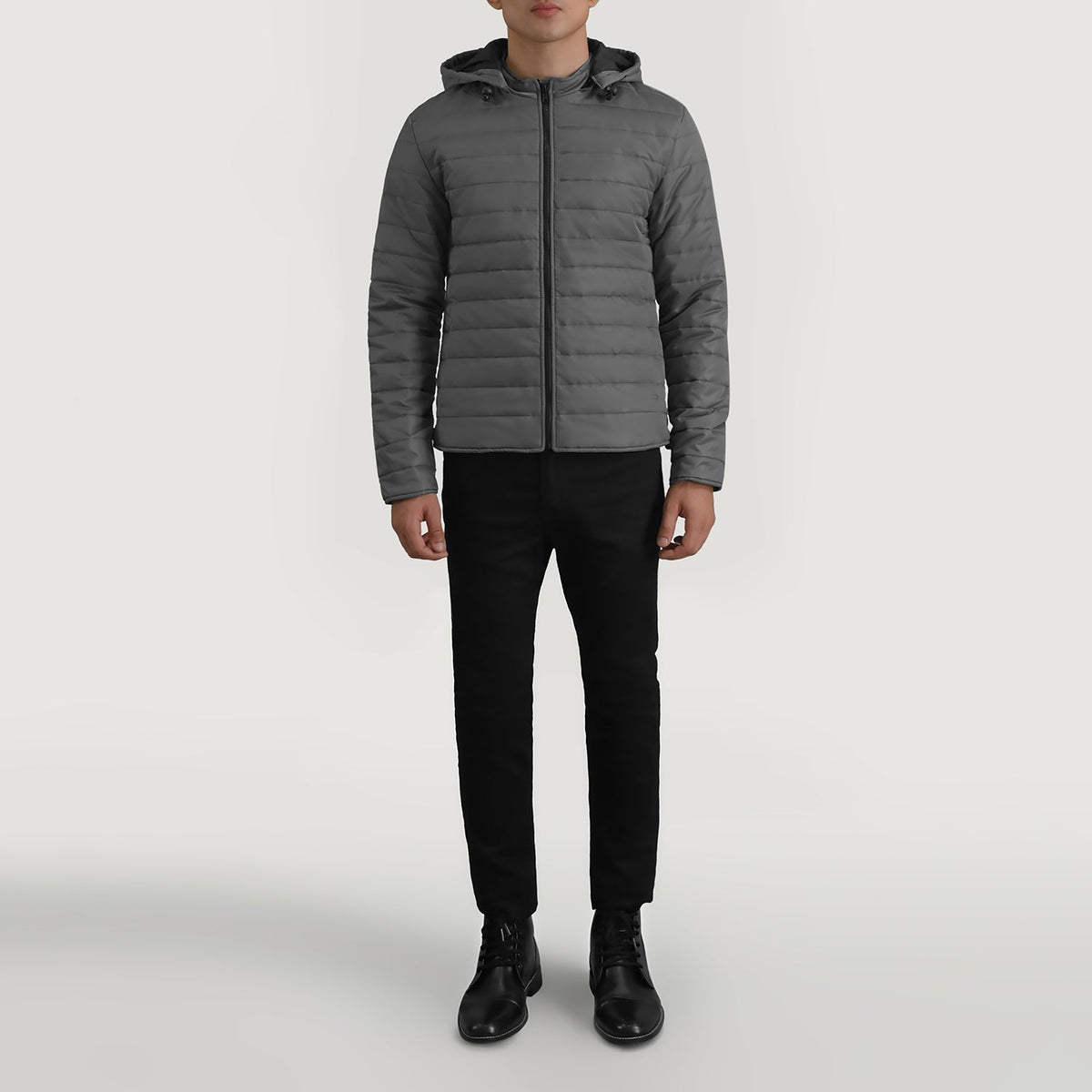 Tyler Gris Hooded Puffer Chaqueta de Cuero para Hombre - Vista de perfil lateral con corte ergonómico de manga