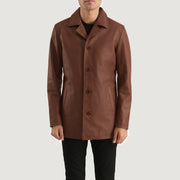 Urban Slate Marrón Abrigo de Cuero para Hombre in Brown Cowhide Leather - Vista frontal y silueta a medida | Comprar online
