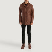 Urban Slate Marrón Abrigo de Cuero para Hombre - Vista de perfil lateral con corte ergonómico de manga
