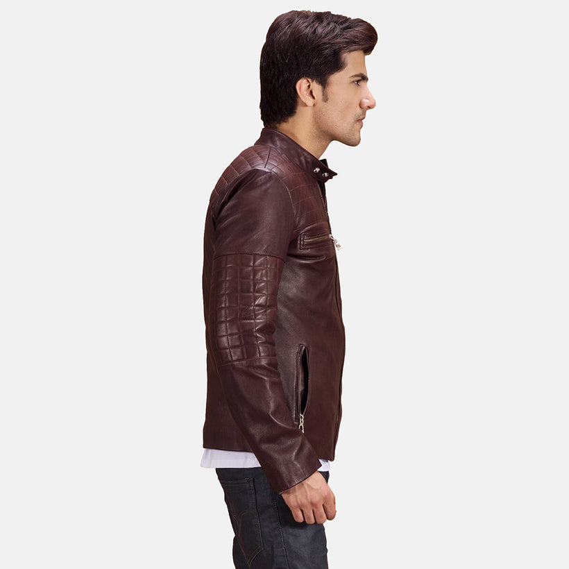 Urbane Acolchado Granate Chaqueta Biker de Cuero para Hombre