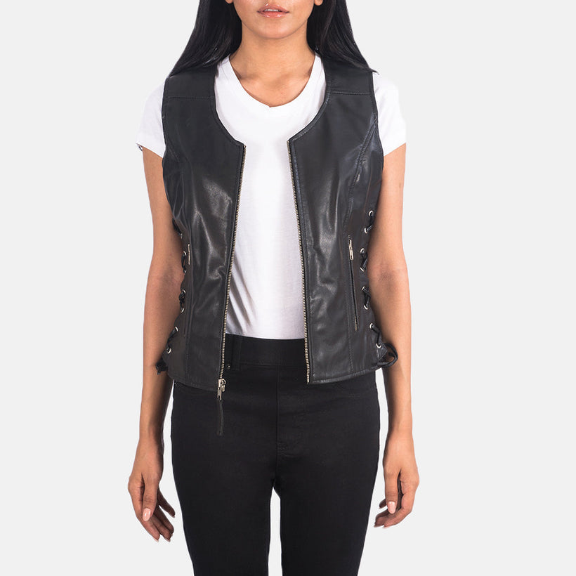 Vanda Negro Leather Biker Vest para Mujer