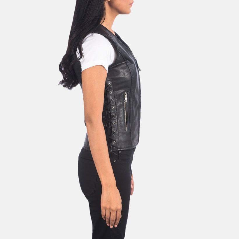 Vanda Negro Leather Biker Vest para Mujer