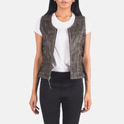 
Vanda Marrón Envejecido Leather Biker Vest para Mujer in Distressed Brown Goatskin Leather - Vista frontal y silueta entallada | Comprar online
