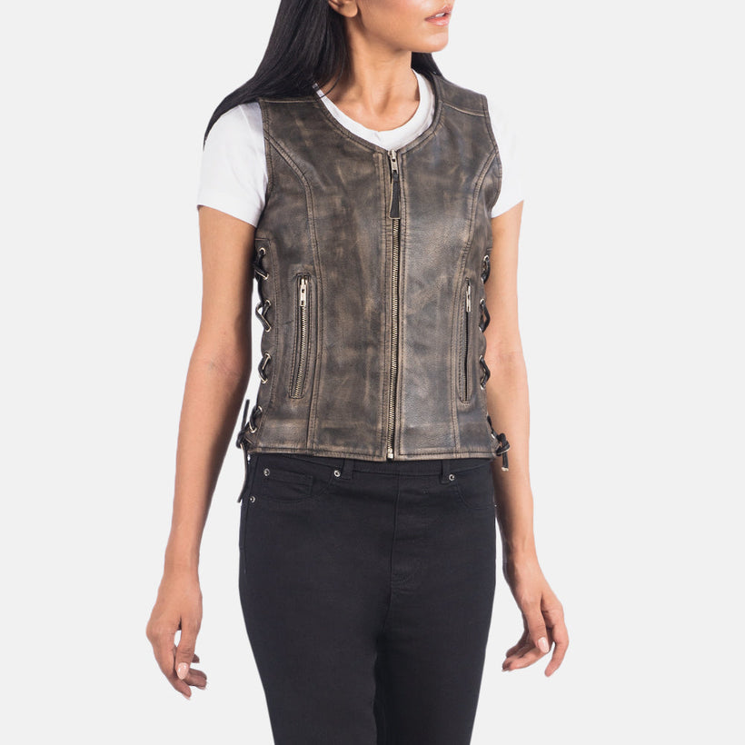 Vanda Marrón Envejecido Leather Biker Vest para Mujer