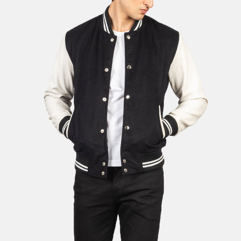 Vaxton Negro & Blanco Hybrid Varsity Chaqueta de Cuero para Hombre