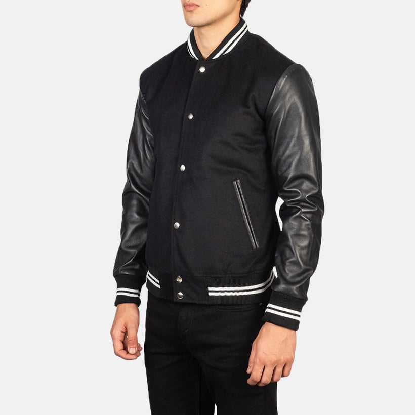 Vaxton Negro Striped Hybrid Varsity Chaqueta de Cuero para Hombre