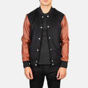 Men's Vaxton Brown Hybrid Varsity Jacket in Black &amp; Brown Sheepskin Leather - Vista frontal y silueta a medida | Comprar online