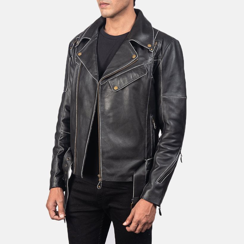 Vincent Negro Chaqueta Biker de Cuero para Hombre